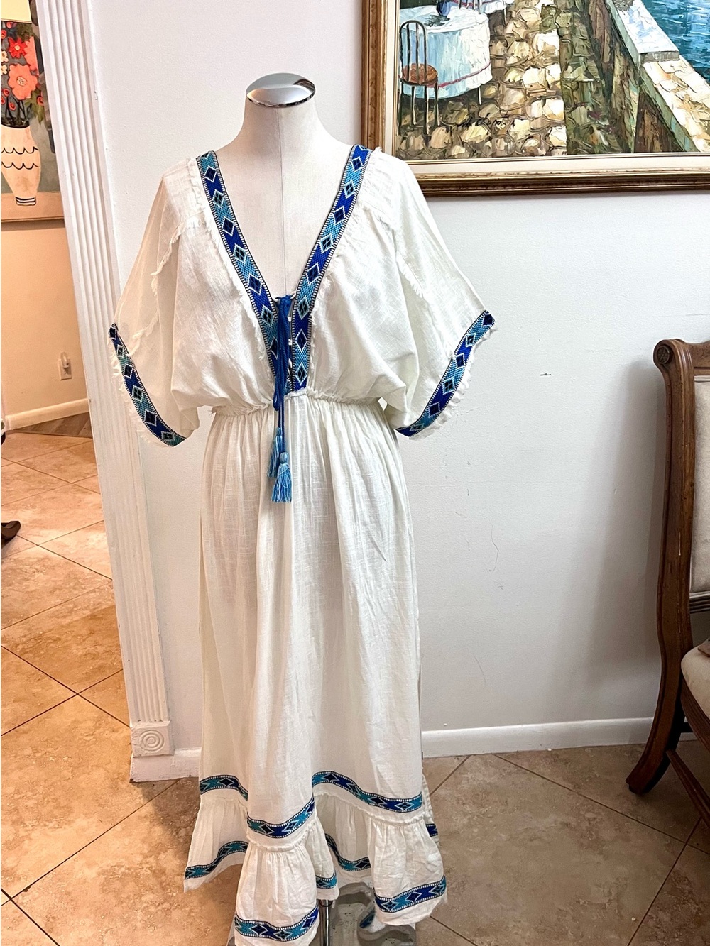 Bohemian White Maxi Dress with Blue Embroidered Trim